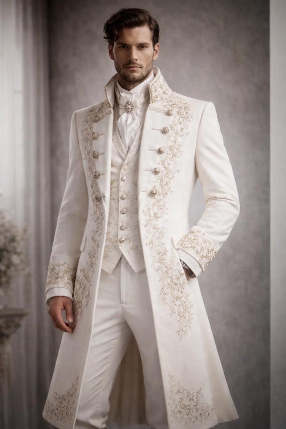 Ivory Royal Embroidered Groom Coat – Victorian Wedding Sherwani Style Mens Formal Long Jacket