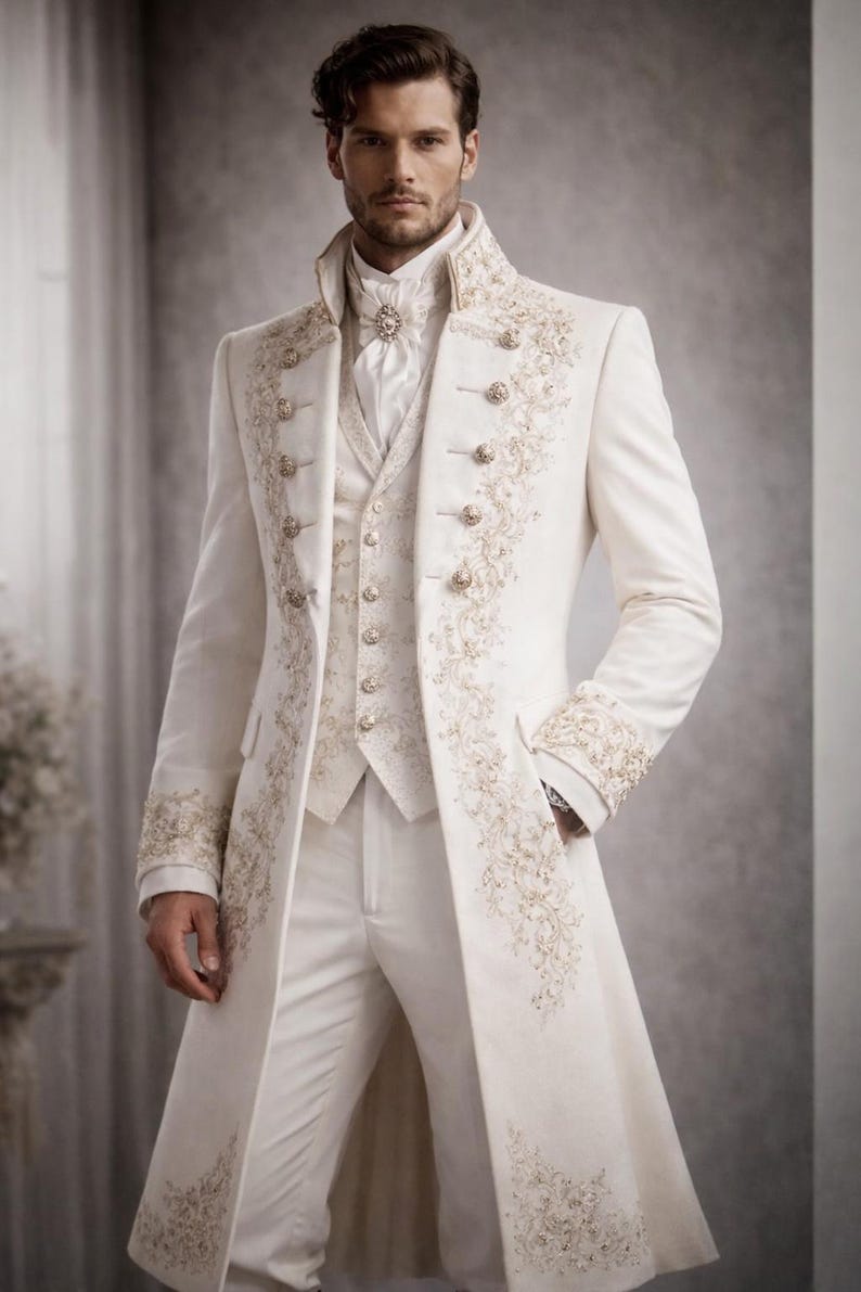 Ivory Royal Embroidered Groom Coat – Victorian Wedding Sherwani Style Mens Formal Long Jacket image 1