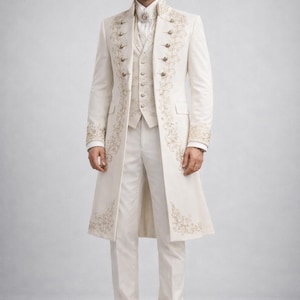 Ivory Royal Embroidered Groom Coat – Victorian Wedding Sherwani Style Mens Formal Long Jacket image 3