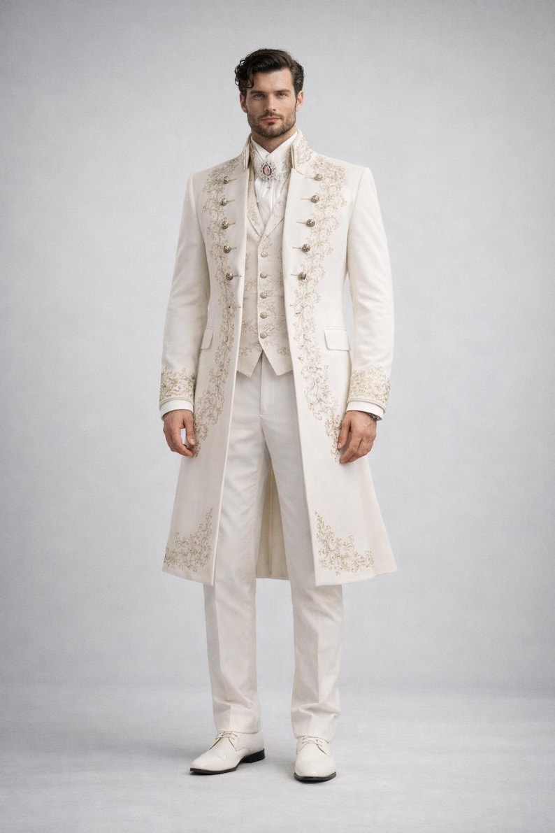 Ivory Royal Embroidered Groom Coat – Victorian Wedding Sherwani Style Mens Formal Long Jacket image 3