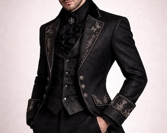 Men’s Black Gothic Tailcoat – Gold Embroidery Victorian Jacket – Royal Wedding Suit – Aristocrat Prince Coat – Steampunk Formal Wear