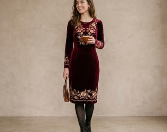 Burgundy Velvet Midi Dress, Embroidered Floral Bodice, Vintage Style Party Outfit