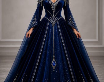 Op de afbeelding: Een lange, donkerblauwe fluwelen jurk met zilveren borduursels en een zwierige rok. Het off-the-shoulder lijfje is versierd met zilveren accenten en een hanger. De mouwen zijn lang en doorschijnend en de jurk heeft een dramatische, elegante stijl.
