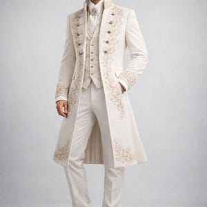Ivory Royal Embroidered Groom Coat – Victorian Wedding Sherwani Style Mens Formal Long Jacket image 2