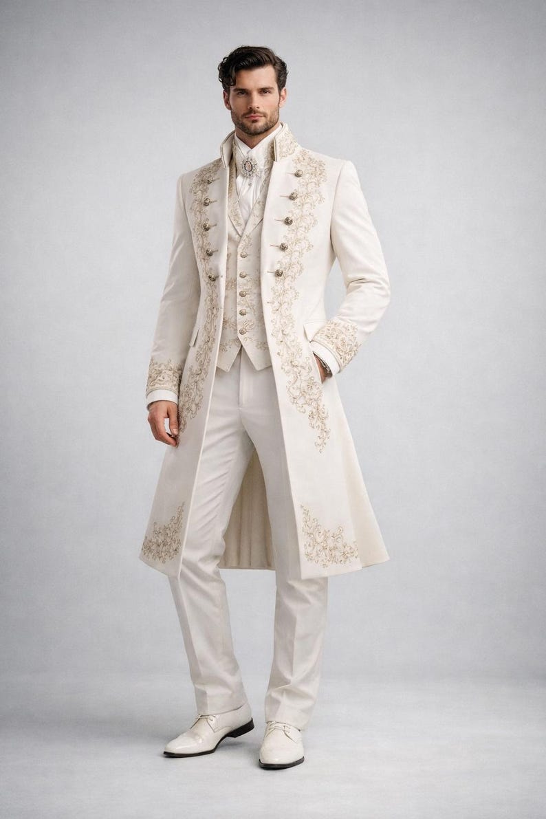 Ivory Royal Embroidered Groom Coat – Victorian Wedding Sherwani Style Mens Formal Long Jacket image 2