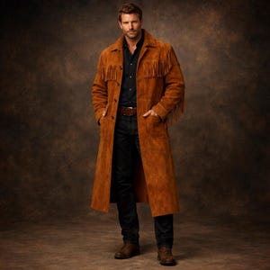 May include: A full-length, brown suede coat with fringe detailing on the chest and shoulders. The coat has a button-down front and pockets. The person in the image is wearing a black shirt, dark jeans, and brown boots. The coat is a western-inspired style.