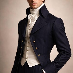 May include: A navy blue coat with gold buttons, worn over a white vest and shirt. The coat has a high collar and a tailored fit. The outfit is reminiscent of historical formal wear.
