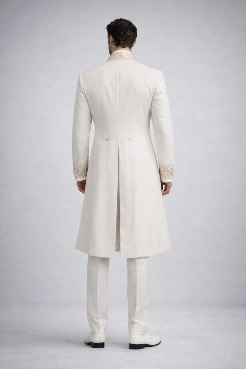 Ivory Royal Embroidered Groom Coat – Victorian Wedding Sherwani Style Mens Formal Long Jacket image 6