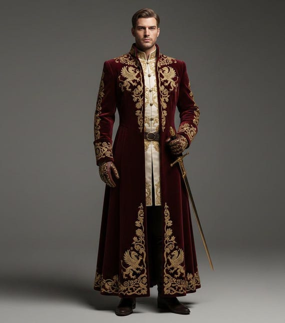 Men’s Royal Embroidered Long Coat | Gothic Medieval Velvet Coat | Custom Luxury Statement Wear
