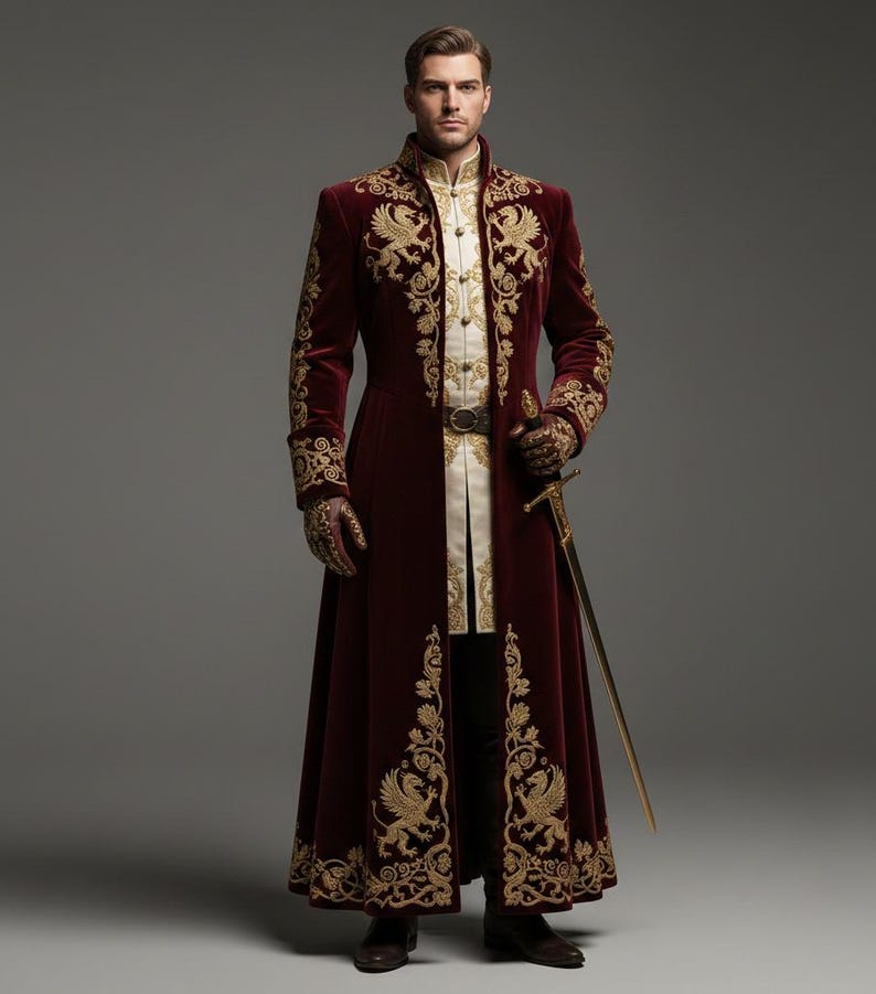 May include: A burgundy velvet coat with gold embroidery, featuring ornate floral and bird designs. The coat has a high collar and long sleeves, paired with matching gloves. A gold sword is held at the side. The outfit is a historical costume.