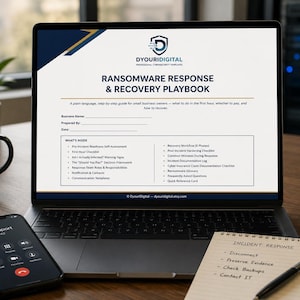 Peut inclure: Un document numérique intitulé Ransomware Response & Recovery Playbook par DYouriDigital affiché sur un écran d'ordinateur portable. Le document comprend des sections pour le nom de l'entreprise, la date et une liste détaillée du contenu.