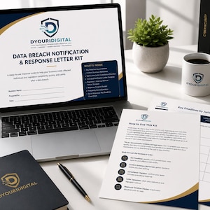 Könnte beinhalten: Ein Laptop mit einem Dyouridigital-Kit für Datenpannen-Benachrichtigungen und Antwortschreiben, zusammen mit gedruckten Dokumenten, einem schwarzen Notizbuch, einem Stift und einer weißen Tasse, die alle das Dyouridigital-Logo tragen.
