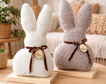 Teddy Boucle Bunny Pillow, Neutral Easter Decor, Cozy Spring Home Accent, Plush Rabbit Decoration, Minimalist Farmhouse Easter Gift