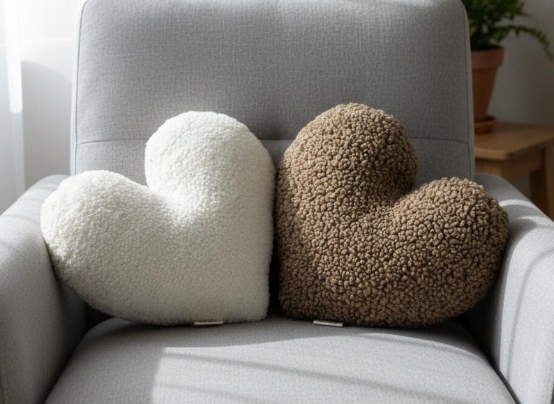 Teddy Heart Pillow, Boucle Plush Cushion, Cozy Aesthetic Decor, Romantic Gift, Nursery Sofa, Bedroom Soft Fleece Handmade Accent bild 2