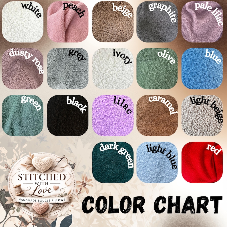 K&ouml;nnte beinhalten: Eine Farbkarte f&uuml;r Boucl&eacute;-Kissen mit siebzehn quadratischen Stoffmustern in den Farben Wei&szlig;, Pfirsich, Beige, Graphit, Blasslila, Altrosa, Grau, Elfenbein, Oliv, Blau, Gr&uuml;n, Schwarz, Lila, Karamell, Hellbeige, Dunkelgr&uuml;n, Hellblau und Rot.