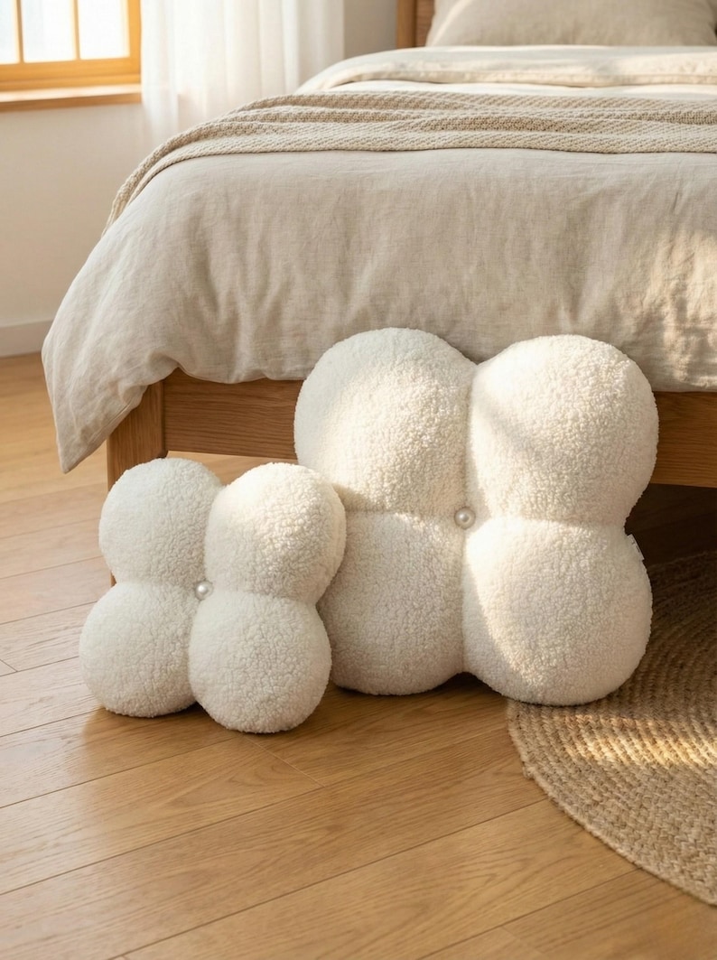 Flower Boucle Pillow, Teddy Plush Decorative Pillow, Aesthetic Throw Cushion, Scandinavian Home Decor, Nursery Pillow, Soft Sofa Pillow Gift image 13