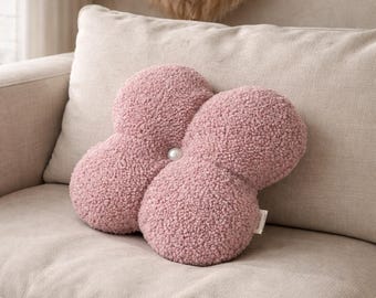 Flower Boucle Pillow, Teddy Plush Decorative Pillow, Aesthetic Throw Cushion, Scandinavian Home Decor, Nursery Pillow, Soft Sofa Pillow Gift