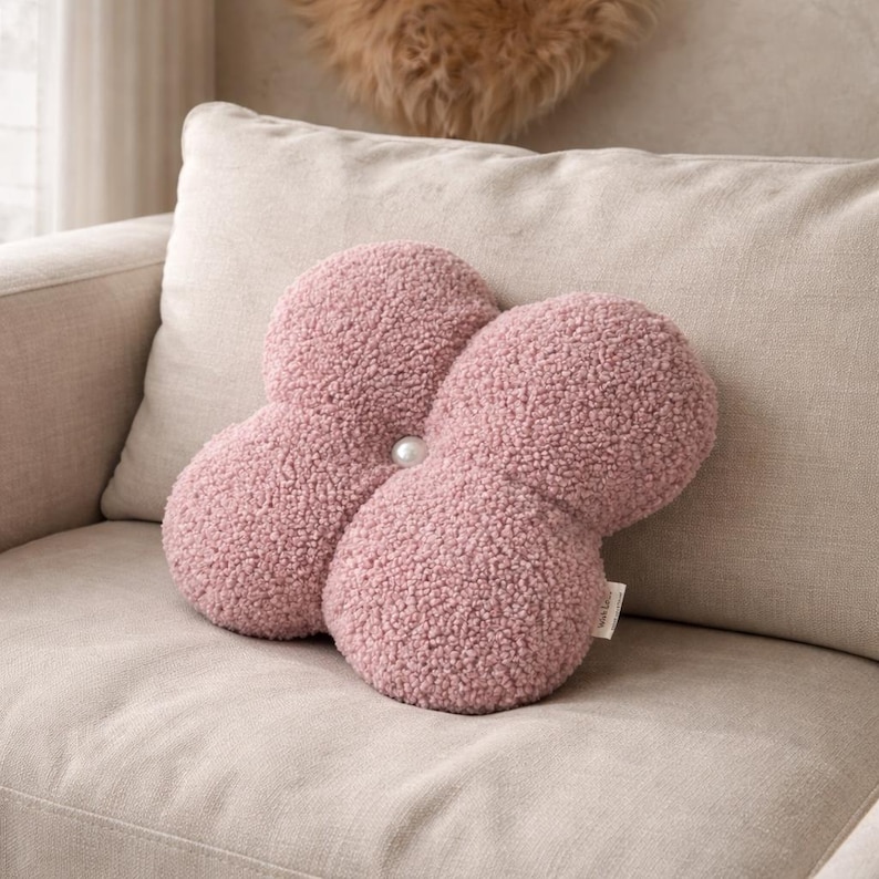 Flower Boucle Pillow, Teddy Plush Decorative Pillow, Aesthetic Throw Cushion, Scandinavian Home Decor, Nursery Pillow, Soft Sofa Pillow Gift image 1