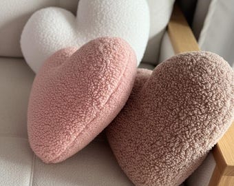 Teddy Heart Pillow, Boucle Plush Cushion, Cozy Aesthetic Decor, Romantic Gift, Nursery Sofa, Bedroom Soft Fleece Handmade Accent