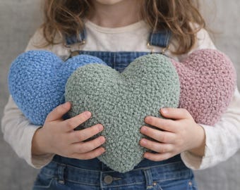 Set of Heart Pillows Teddy Boucle, Boucle Throw Pillow, Nursery Heart Cushion, Scandinavian Decor Pillow, Soft Plush Pillow, Kids Room Decor
