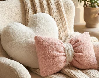 SET of TWO Teddy Heart  & Bow Pillow,Sherpa Decorative Pillows,Nursery Decor,Soft Plush Throw Pillow,Cute Room Decor,Gift for Her,Home Decor