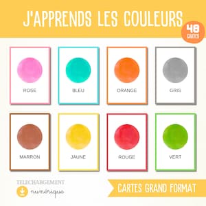 Può includere: Otto schede con cerchi ad acquerello nei colori rosa, turchese, arancione, grigio, marrone, giallo, rosso e verde. Ogni scheda ha il nome del colore in francese. Il testo "J'APPRENDS LES COULEURS" è in alto.