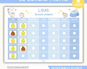 Tableau propreté personnalisable, apprentissage propreté enfant, commencer pot, toilette, je deviens propre maternelle, arrêter les couches