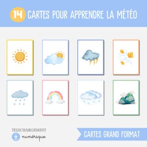 Cartes pour apprendre la météo, imagier Montessori illustrations aquarelle, vocabulaire enfant, activité maternelle à imprimer