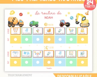 Personalized morning and evening routine for children, featuring the child's name, weekly planner, Montessori chart