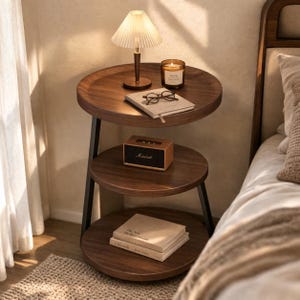 May include: A three-tiered, dark wood side table with black metal legs. The top shelf holds a small lamp, a candle, and a book with glasses. The middle shelf has a speaker, and the bottom shelf has two books.