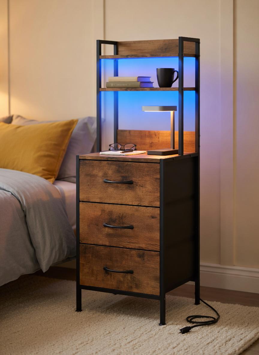 Table De Chevet Led Avec Station Recharge, Table 3 Tiroirs Étagère, Bout En Bois Brun Rustique, Étagère Rangement Chambre À Coucher Industrielle
