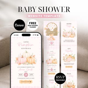 Puede incluir: Una plantilla de sitio web para baby shower con fondo de cuadros vichy rosa e ilustraciones de calabazas en acuarela. El texto dice A Little Pumpkin Is On The Way, Anna Smith, Oct 28, 6 PM, 17 Rosewood Court SC 29401, Diaper Raffle, Gift Registry y Book for Baby.