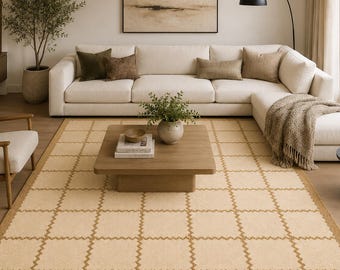 Hand getuftet creme beige karierter Teppich, geometrischer Teppich Boho