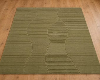 Olivgrüner handgetufteter linearer Teppich, moderner skandinavischer strukturierter Luxus 8x10 Wohnzimmerteppich