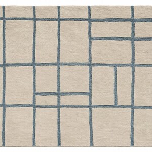 Modern beige and blue geometric rug with irregular windowpane design for living room, bedroom, and home office.