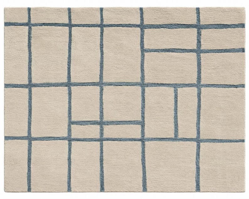 Modern beige and blue geometric rug with irregular windowpane design for living room, bedroom, and home office.