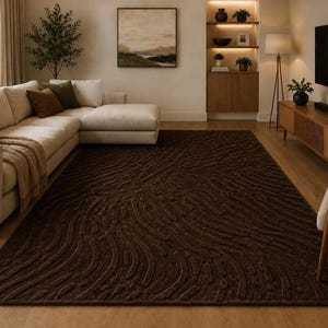 Espresso Mocha Wool Chocolate Brown Rug | Abstract Textured High Low Pile Carpet
