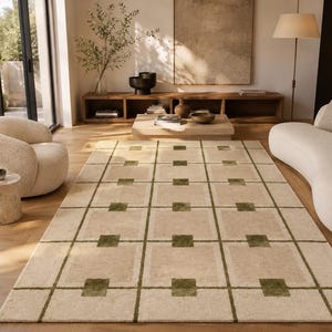 Alfombra de lana tejida a mano, alfombra geométrica de cuadros verde oliva crema.