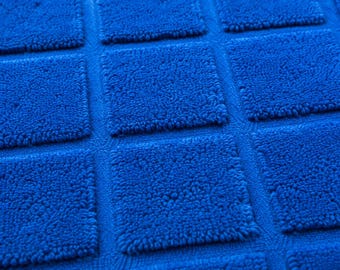 Handgetufteter leuchtender blauer Teppich | Karierter Muster Wollteppich | Skandinavischer HomeDecor Schlafzimmerteppich