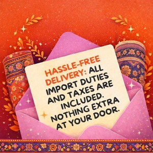A pink envelope with a white card inside that reads "HASSLE-FREE DELIVERY: ALL IMPORT DUTIES AND TAXES ARE INCLUDED. NOTHING EXTRA AT YOUR DOOR." Two rolled rugs with red and blue patterns are visible on either side of the envelope, all against a