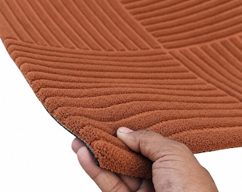 Terrakotta Geometrischer Wollteppich, Handgetuftet Gebrannte Orange Streifen Teppich, Boho Wohnzimmer