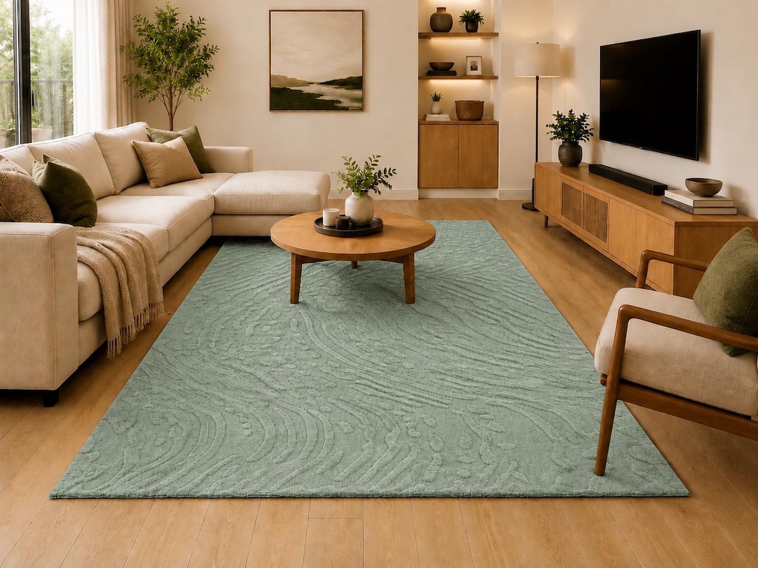 Sage Green Abstract Hand Tufted Rug Modern Textured Contemporary Wool ...