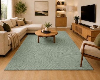 Sage Green Abstract Hand Tufted Rug Modern Textured Contemporary Wool Area Carpet Decor