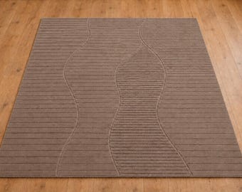 Handgetufteter Wollteppich, Taupe Linear Wave, Skandinavischer Strukturteppich