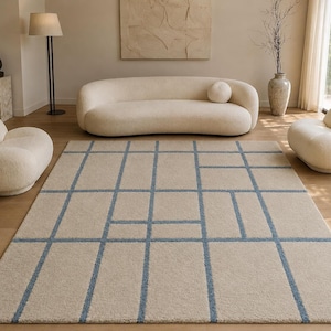 Beige Blue Hand-Tufted Grid Rug, Modern Geometric Minimalist Carpet for Modern Living Room