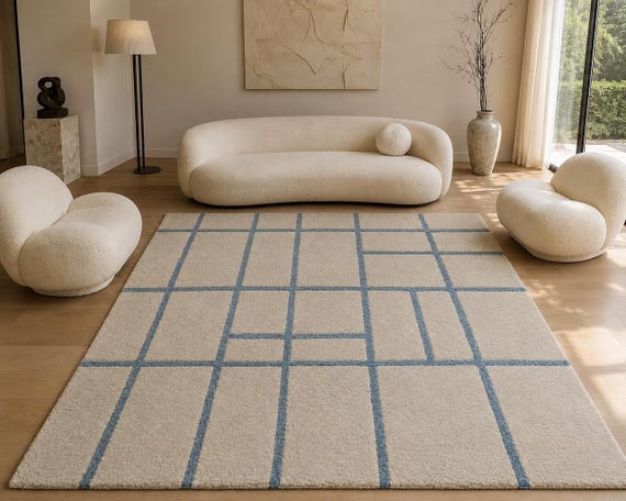 Modern Geometric Rug, Beige Blue Hand-Tufted Carpet for Living Room