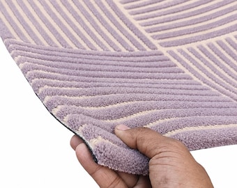 Lila Geometrischer Wollteppich, Handgetufteter Gestreifter Teppich, Boho Wohnzimmer Dekor