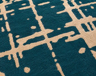 Blaugrüner Abstrakter Geometrischer Teppich, Moderner Strukturierter Teppich, Minimalistischer Bodenteppich