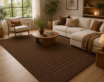 Handgetufteter Teppich Taupe Streifenmuster Wollteppich Wohn & Schlafzimmer Teppich im skandinavischen Stil