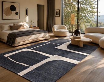 Handvävd matta, svart krämfärgad modern geometrisk design för inomhusbruk och utomhusbruk